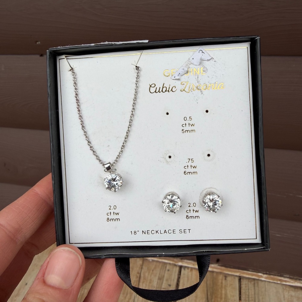 Cubic Zirconia Necklace and Earring Set Womens 18 Inch Silver Round Solitaire